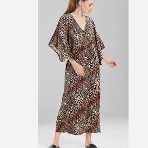 Natori Velvet Leopard Print Wide Sleeve Pocket Caftan House Dress One Size